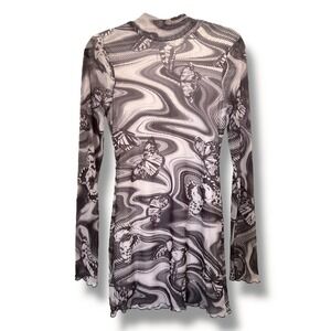 Urban Outfitters Mini Dress Womens M Butterfly Mesh Sheer Long Sleeve Bodycon‎